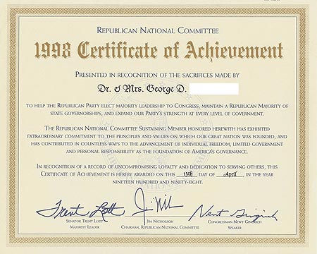 Republican National Committee 1998 Certificate of Achievement